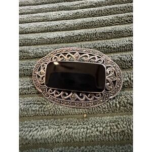 Vintage Sterling Silver‎ Marcasite Black Onyx Art Deco Style Brooch Pin
